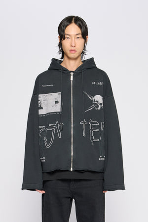 RAW CUT ZIP HOODIE - WASHED BLACK